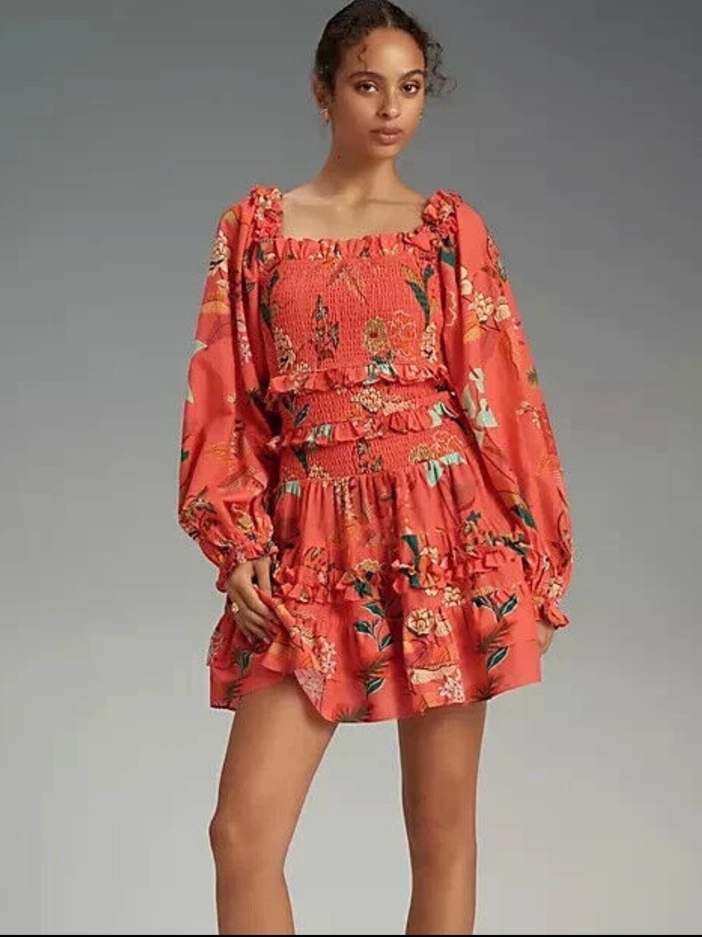 FARM Rio Coral Floral Smocked Mini Dress - Picture 1 of 6